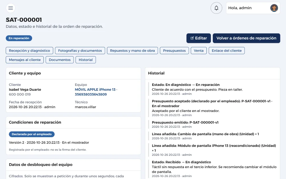 Orden de reparación en estado En reparación con su historial