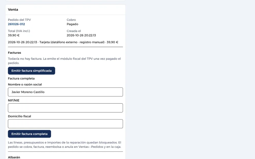 Panel de venta de la reparación con el pedido del TPV 261026-012 pagado
