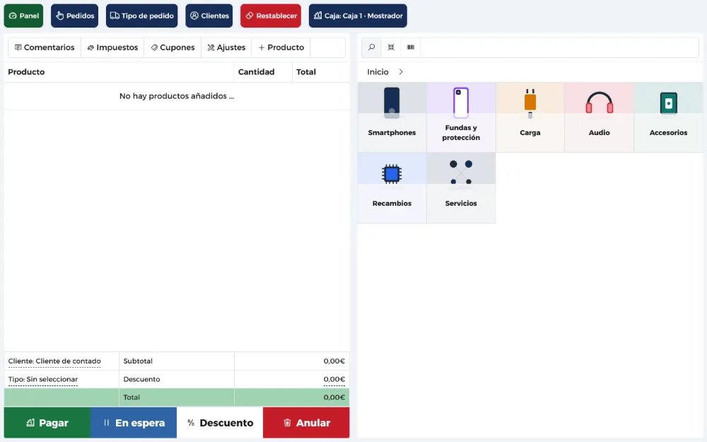 TPV con el carrito vacío y las categorías de productos