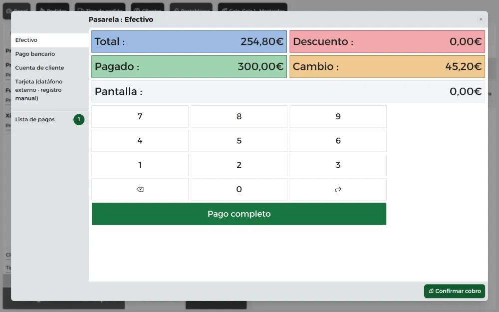 Ventana de cobro con 300 € entregados y 45,20 € de cambio